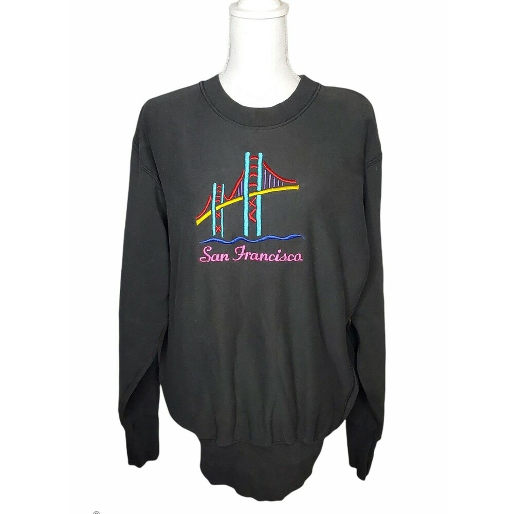 Vtg 90s Embroidered San Francisco Golden Gate Sweatshirt HL Miller Gold USA L